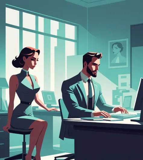 concept art <lora:FF-Style-James_Gilleard:1> a man and woman sitting at a desk, in style of atey ghailan, atey ghailan 8 k, detailed 2d illustration, in style of james gilleard, jen bartel, by Atey Ghailan, flat illustration, digital illustration -, by Seb McKinnon, official illustration, inspired by Atey Ghailan, james gilleard artwork,(Hypersaturated:1.3) . digital artwork, illustrative, painterly, matte painting, highly detailed