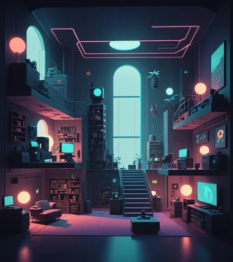 concept art <lora:FF-Style-James_Gilleard:1> in the style of James Gilleard a room with a lot of furniture and lights, 3 d render beeple, beeple global illumination, cyberpunk apartment, cyberpunk interior, the cyberpunk apartment, digital art render, artstation hqâ, beeple rendering, artgem and beeple masterpiece, realism | beeple, beeple daily art, in style of beeple,(Dark hue:1.3) . digital artwork, illustrative, painterly, matte painting, highly detailed