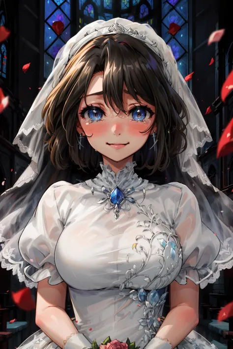 masterpiece,best quality,1girl,shannon,wedding dress,bridal veil,heavy lace,(smile),blush,standing,dignified,tears,(white church),rose petals,upper body,POV,<lora:CHAR-Umineko-Shannon-SOSDAN:0.8>,<lora:weddingdressex0.3:0.5>,