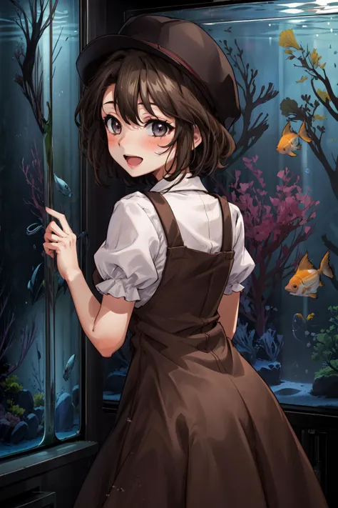 masterpiece,best quality,1girl,shannon,casual outfit,brown dress,brown clothes,short sleeves,hat,(smile),blush,open mouth,standing,looking back,((aquarium)),from behind,<lora:CHAR-Umineko-Shannon-SOSDAN:0.8>,