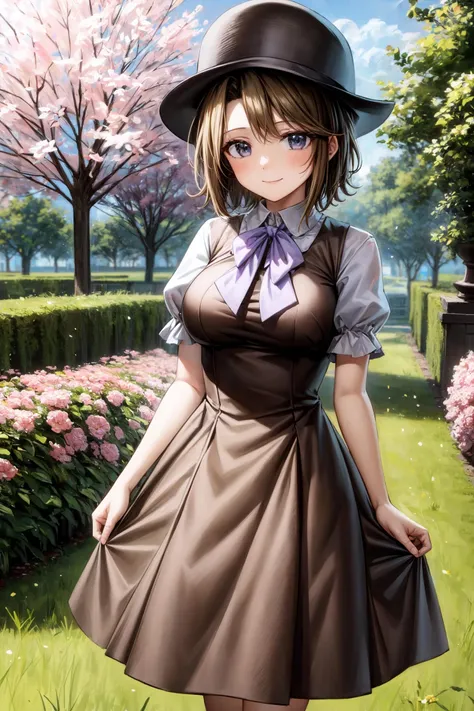 (masterpiece),(best quality),  <lora:Shannon:0.8>, shannon, brown dress, casual outfit, hat, purple bow, short sleeves, smile, garden, sakura, grass, looking at the viewer, <lora:Adddetail:0.8>
