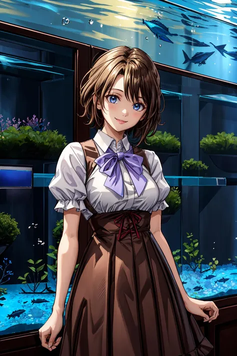 (masterpiece),(best quality),  <lora:Shannon:0.8>, shannon, casual outfit, brown dress, brown clothes, purple bow, short sleeves, smile, public aquarium, aquarium center, indoors,  <lora:Adddetail:0.8>