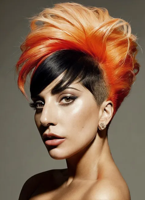 portrait of sks woman by Flora Borsi, style by Flora Borsi, bold, bright colours, orange Mohawk haircut, ((Flora Borsi)), <lora:locon_gaga_v1_from_v1_64_32:1.3>