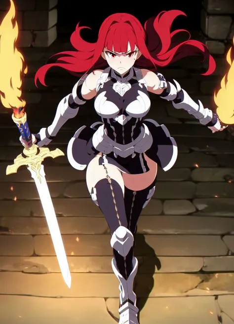 masterpiece,  <lora:Lexus-48:1>, Lexus, 1girl, armored dress, thighhigh boots, greaves, pauldrons, gauntlets, bare upper arms, bare thighs, red hair, one eye covered, frown, looking at viewer, holding weapon, holding sword, long hair, parted bangs, medium breasts, motion, motion lines, running, dungeon, shadows, torch, stone wall, stone floor, blood, motion, fire