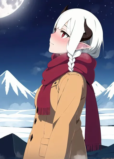 masterpiece,  <lora:Lexus-48:1>, Lexus, 1girl, winter coat, winter, outdoors , side braid, medium hair, white hair, blush, steam, outdoors, mountain, stars, (looking up), moon, from side, winter gloves, scarf, cowboy shot, red eyes, horns, pointy ears