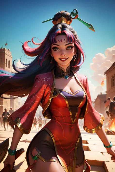 (masterpiece, best quality:1.2), intricate details, <lyco:GoodHands-beta2:1>, <lora:firecracker_diana_lol-000014:1>, firecracker diana, 1girl, dress, multicolored hair, hair ornament, cleavage, long hair, light smile