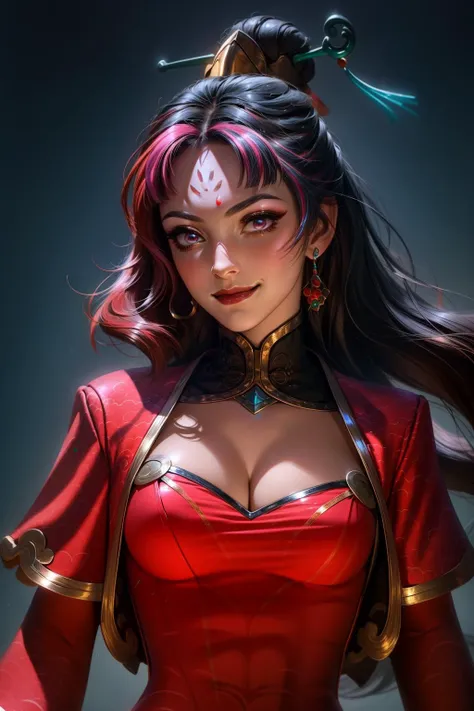 (masterpiece, best quality:1.2), intricate details, <lyco:GoodHands-beta2:1>, <lora:firecracker_diana_lol-000014:1>, firecracker diana, 1girl, dress, multicolored hair, hair ornament, cleavage, facial mark, long hair, light smile, closed mouth