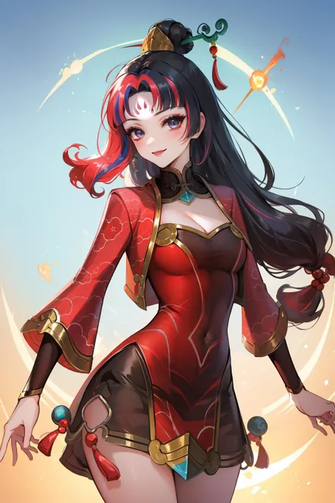 (masterpiece, best quality:1.2), intricate details, <lyco:GoodHands-beta2:1>, <lora:firecracker_diana_lol-000014:1>, firecracker diana, 1girl, dress, multicolored hair, hair ornament, cleavage, facial mark, long hair, light smile