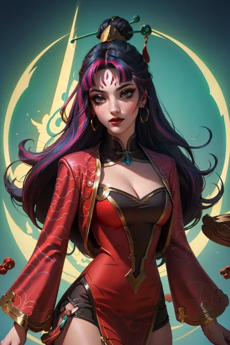 (masterpiece, best quality:1.2), intricate details, <lyco:GoodHands-beta2:1>, <lora:firecracker_diana_lol-000014:1>, firecracker diana, 1girl, dress, multicolored hair, hair ornament, cleavage, long hair