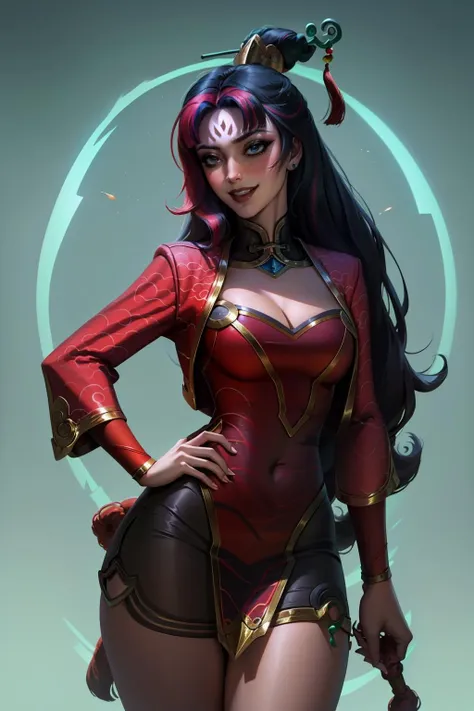 (masterpiece, best quality:1.2), intricate details, <lyco:GoodHands-beta2:1>, <lora:firecracker_diana_lol-000014:1>, firecracker diana, 1girl, dress, multicolored hair, hair ornament, cleavage, facial mark, long hair, light smile