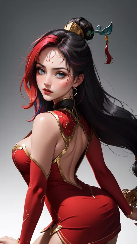 (best quality, masterpiece, perfect face, beautiful and aesthetic:1.2, colorful, dynamic angle, highest detailed face) 
1girl,    <lora:firecracker_diana_lol-000014:0.8> firecracker diana, 1girl, dress, multicolored hair, hair ornament, cleavage, long hair, 
arms behind, back, leaning forward, cleavage, sweat, boob sweat, hot, blushing,  cowboy shot, looking at viewer, 
(high contrast, official art, extreme detailed, highest detailed)