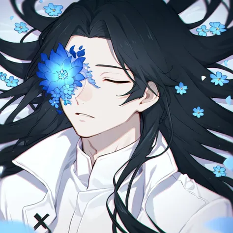 Score_9, flower on eye, one eye covered, rating_safe, blue flower, 1boy, male focus, solo, closed eyes, parted lips, lying , long hair, black hair, white jacket, upper body