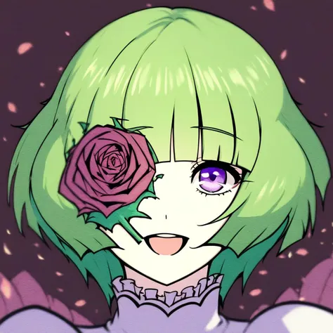 Score_9, flower on eye, one eye covered, rating_safe, solo, short hair, smile, open mouth, rose, portrait, purple eyes, green hair, blunt bangs, sidelocks