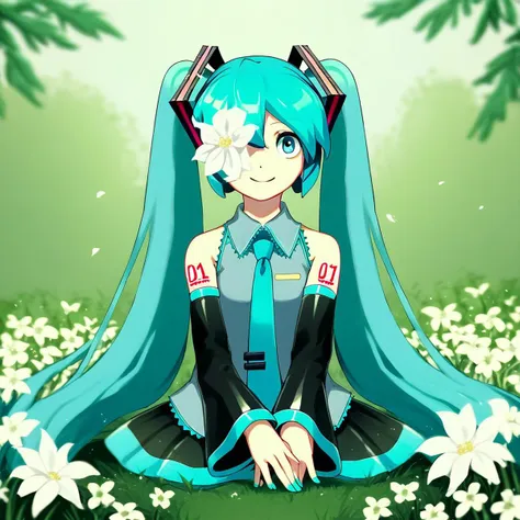 Score_9, flower on eye, one eye covered, 1girl, solo, white flower, sitting, outdoors, hatsune miku, smile, rating_safe