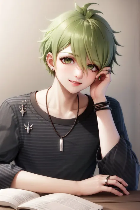 (masterpiece, best quality:1.2), <lyco:danganronpa_amami-10:1.0>, upper body, solo, male focus, 1boy, amami rantaro, smile, looking at viewer, head rest, striped shirt, long sleeves, jewelry, necklace, earrings, ring, bracelet, ear piercing, collarbone, indoors, table