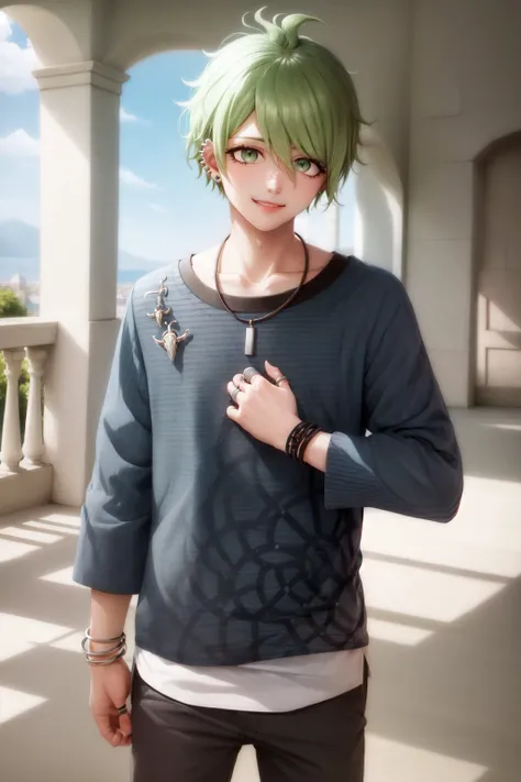(masterpiece, best quality:1.2), <lyco:danganronpa_amami-10:1.0>, cowboy shot, solo, male focus, 1boy, amami rantaro, smile, looking at viewer, striped shirt, long sleeves, pants, jewelry, necklace, earrings, ring, bracelet, ear piercing, collarbone