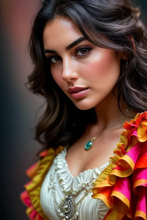 beautiful woman (Yasm1n3S4br1:.99), beautiful hair, ((portrait)), (closeup:1.2), ((from the waist up)), (( colorful, abstract background :1.2)) , natural skin texture, (( Dress with a Tiered Ruffle Skirt :1.2)), 24mm, 4k textures, soft cinematic light, adobe lightroom, photolab, hdr, intricate, elegant, highly detailed, sharp focus, ((((cinematic look)))), soothing tones, insane details, intricate details, hyperdetailed, low contrast, soft cinematic light, exposure blend, hdr, faded, now, ("I've got a bad feeling about this.":1.1)