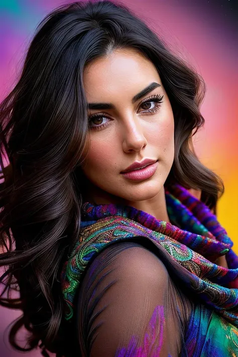 beautiful woman (Yasm1n3S4br1:.99), beautiful hair, ((portrait)), (closeup:1.2), ((from the waist up)), (( colorful, abstract background :1.2)) , natural skin texture, (( Dress with a Cowl Back :1.2)), 24mm, 4k textures, soft cinematic light, adobe lightroom, photolab, hdr, intricate, elegant, highly detailed, sharp focus, ((((cinematic look)))), soothing tones, insane details, intricate details, hyperdetailed, low contrast, soft cinematic light, exposure blend, hdr, faded, now, ("I've got a bad feeling about this.":1.1)