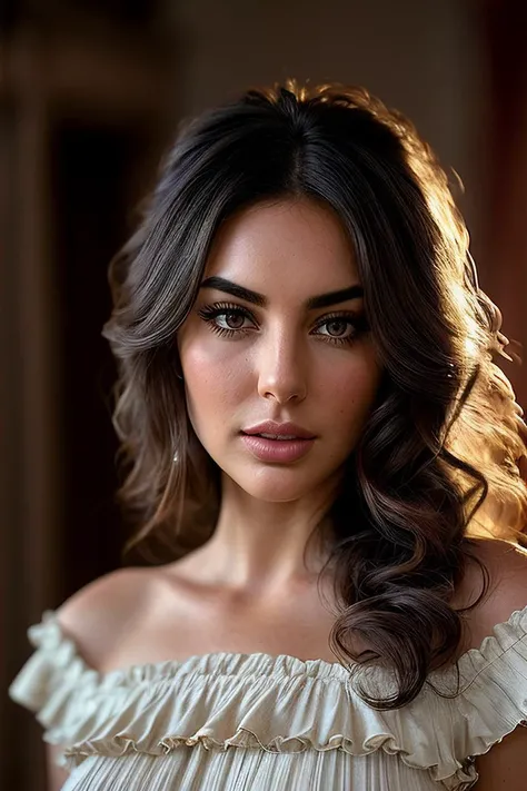 beautiful woman (Yasm1n3S4br1:.99), beautiful hair, ((portrait)), (closeup:1.2), ((from the waist up)), (( bedroom :1.2)) , natural skin texture, (( Dress with a Frill Trim :1.2)), 24mm, 4k textures, soft cinematic light, adobe lightroom, photolab, hdr, intricate, elegant, highly detailed, sharp focus, ((((cinematic look)))), soothing tones, insane details, intricate details, hyperdetailed, low contrast, soft cinematic light, exposure blend, hdr, faded, now, ("I've got a bad feeling about this.":1.1)