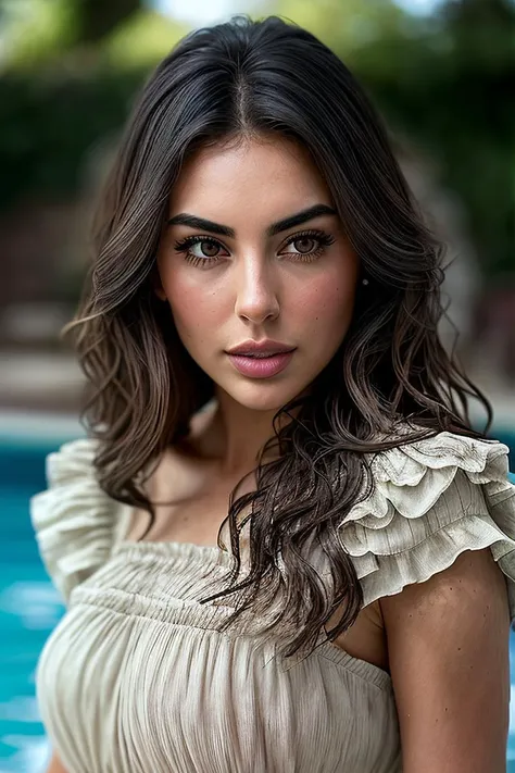 beautiful woman (Yasm1n3S4br1:.99), beautiful hair, ((portrait)), (closeup:1.2), ((from the waist up)), (( outside, swimming pool :1.2)) , natural skin texture, (( Smocked Dress :1.2)), 24mm, 4k textures, soft cinematic light, adobe lightroom, photolab, hdr, intricate, elegant, highly detailed, sharp focus, ((((cinematic look)))), soothing tones, insane details, intricate details, hyperdetailed, low contrast, soft cinematic light, exposure blend, hdr, faded, now, ("I've got a bad feeling about this.":1.1)