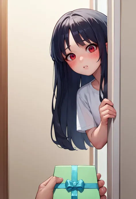 score_9, score_8_up, score_7_up, source_anime, PovGifting, pov hands, holding gift, gift box, solo focus, 1girl, blush, parted lips, looking at viewer, peeking out, upper body, hiding behind wall, long hair, black hair, red eyes, white t-shirt, indoors <lora:PeekingOut_pdxl_Incrs_v1:1> <lora:POVGifting_XLPD:1>