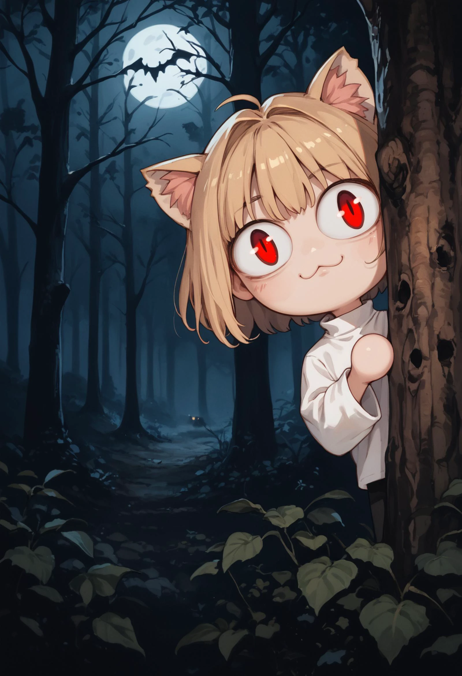 score_9, score_8_up, score_7_up, solo, peeking out, upper body, hiding behind tree, night, horror \(theme\), forest, necoarc, glowing eyes, cat ears, blonde hair, red eyes, chibi, :3, white shirt, turtleneck, looking at viewer <lora:PeekingOut_pdxl_Incrs_v1:1> <lora:necoarc-guy-PONYv1_1:1>