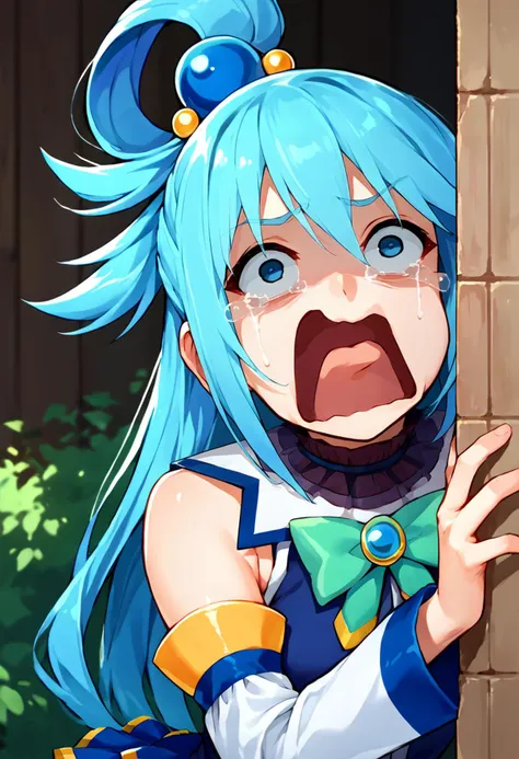 score_9, score_8_up, score_7_up, source_anime, solo, 1girl, aqua \(konosuba\), peeking out, upper body, hiding behind wall, aquascreaming, screaming, open mouth, crying with eyes open, blue hair, hair rings, blue eyes, sleeveless shirt, detached sleeves, bare shoulders <lora:concept_aquascreaming_ponyXL:1> <lora:PeekingOut_pdxl_Incrs_v1:1>