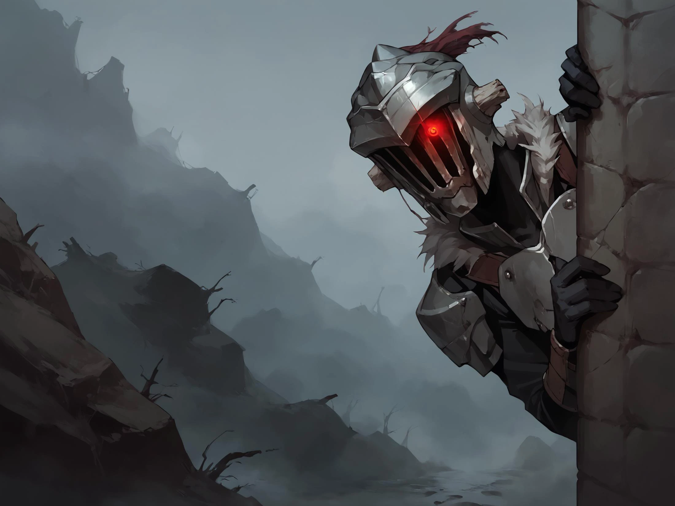 score_9, score_8_up, score_7_up, score_6_up,
BREAK cave, <lora:GS13:1> gs_slayer, armor, helmet, full armor, 1boy, visor \(armor\), fur collar, one glowing eye, black gloves, <lora:PeekingOut_pdxl_Incrs_v1:1> peeking out, upper body, hiding behind wall <lora:Concept Art Twilight Style SDXL_LoRA_Pony Diffusion V6 XL:1> concept art, realistic, & concept art, horror (theme), monochrome, fog, realistic,