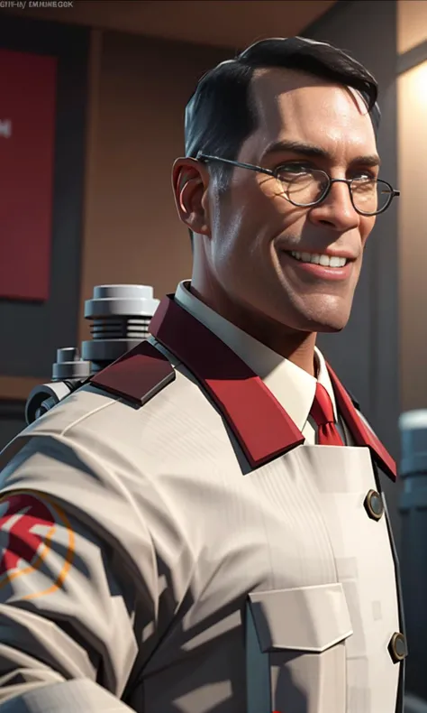 (best quality, masterpiece:1.2), (realistic, photo realistic:1.3), UHD, high detail color photo, extremely detailed CG unity 8k wallpaper, sharp focus, (realistic skin), perfect anatomy, perfect hands, (cinematic lighting),
upper body, tf2med, redteam, red necktie, rounded eyewear, facial hair, labcoat, coat, smiling, looking at viewer, <lora:mediclorav1:0.9>