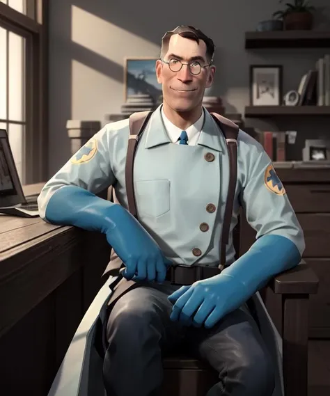 masterpiece, full-length portrait , tf2med, bluteam, solo, blue necktie, blue gloves, rounded eyewear, facial hair, labcoat, coat, looking at viewer, smiling, sitting, detailed background, indoors, <lora:mediclorav1:0.8>