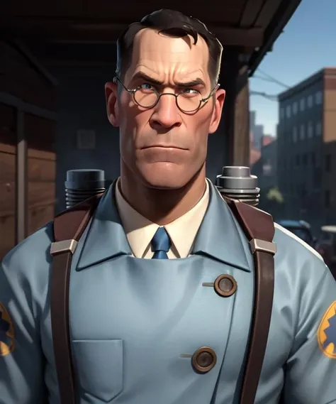masterpiece, upper body, portrait, tf2med, bluteam, blue necktie, rounded eyewear, facial hair, labcoat, coat, smug, angry, looking at viewer, detailed background, outdoors, <lora:mediclorav1:0.8>