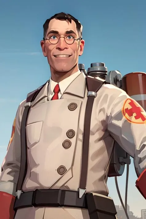 masterpiece, upper body, tf2med, redteam, red necktie, rounded eyewear, facial hair, labcoat, coat, smiling, looking at viewer, detailed background, outdoors, <lora:mediclorav1:0.8>