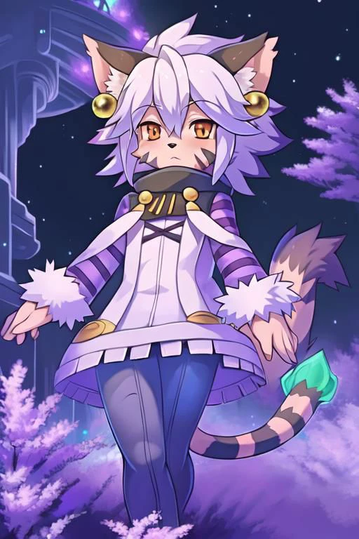 elh, elhattire, 1girl, furry female, full body, body fur, fur trim, :<, looking down, from below, looking at viewer, pants, cat ears, white hair, short hair, earrings, orange eyes, facial mark, animal nose, striped tail, striped sleeves, (masterpiece, best quality:1.3), detailed background, night, rain, alley, NerazimAI