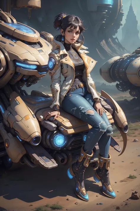 KhalaiAI, a beautiful portrait of 1 girl, Sleeveless biker jacket, jeans, high-top boots, leans against a hover vehicle, arms crossed, ((futurism)), dream-like,
best quality, masterpiece, intricate details, (photo realistic:1.4), <lora:ProtossBundle:0.95>