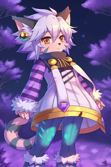 elh, elhattire, 1girl, furry female, full body, body fur, fur trim, :<, looking down, from below, looking at viewer,  pants, cat ears, white hair, short hair, earrings, orange eyes, facial mark, animal nose, striped tail, striped sleeves, (masterpiece, best quality:1.3), detailed background, night, rain, alley, NerazimAI, aura