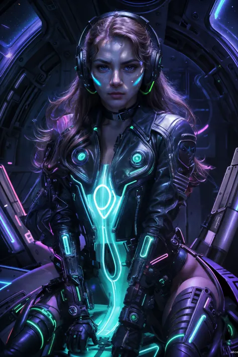 (mechanical hands), (photorealistic:1.5), (8k, RAW photo), (highest quality, masterpiece), ultra high res, ultra-detailed, (photo) BREAK NerazimAI woman sitting in a space ship, (disheveled Mahogany hair), choker, hip belt, futuristic headphones, earrings, piercing, tattoos BREAK ((Neon Green:1.15) leather jacket) BREAK (realistic skin texture), absurdres, high quality, sharp focus, (fujifilm xt3), soft lighting, [by greg rutkowski:0.5], [by Boris Vallejo:0.5], [by luis royo:0.3] <lora:NerazimAI:0.8>