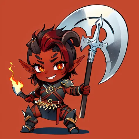 masterpiece,best quality,1girl,chibi,full body,Karlach,demon girl,colored skin,red skin,tattoo,scars,slit pupils,Orange eyes,grin,holding weapon,holding axe,fire,red background,<lora:CHAR-Baldur's Gate 3-Karlach_V2-LoCon-Manityro:0.9>,