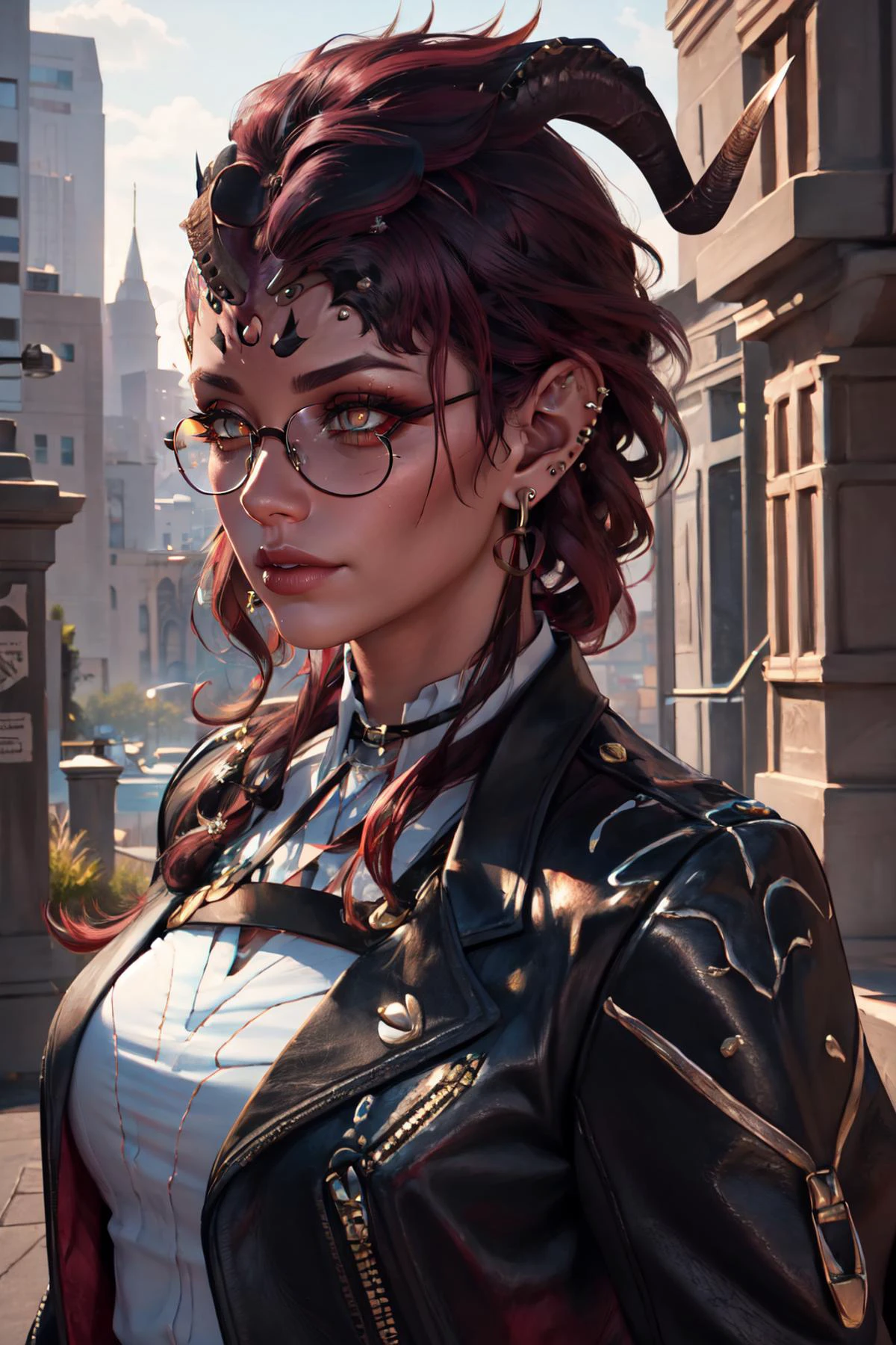 Highly detailed, High Quality, Masterpiece, beautiful, Karlach, demon girl, colored skin, slit pupils, scars, earrings, piercings <lora:Char_BG3_Karlach:0.9>, KafkaOutfit, jacket, eyewear on head, <lora:Outfit_KafkasOutfit:1>