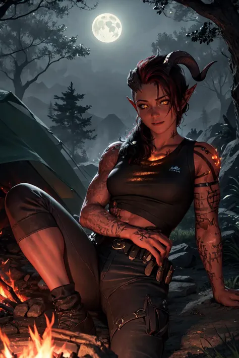 (masterpiece, best quality), outdoors, camping, dark, moon, forest, campfire, 1girl, solo, karlach, colored skin, demon girl, yellow eyes, slit pupils, tattoo, scars, <lora:Karlach_V2-Manityro-AdamW:0.8>, muscular, looking at viewer, happy, parted lips, sleeveless sweater, cargo pants, leaning back