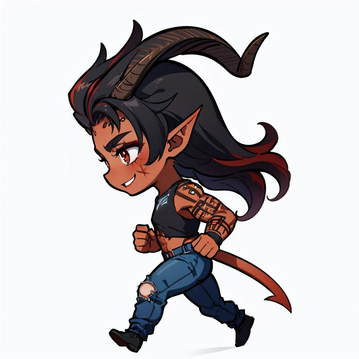 masterpiece, best quality, <lora:Karlach_V2-Manityro-AdamW:1> Karlach, demon girl, colored skin, slit pupils, tattoo, scars, muscular, red eyes, crop top, black pants, torn pants, chibi, furrowed brow, smile, running, from side <lora:DarkCabalChibiStyle:1> chibi, white background, simple background
