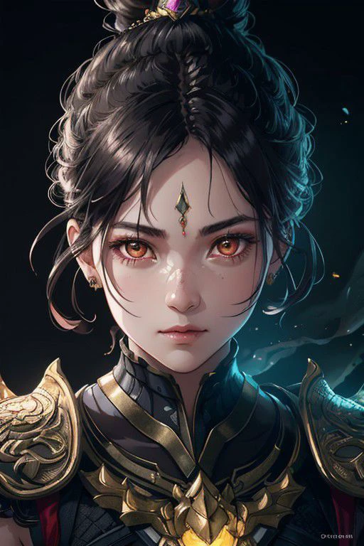 1girl, dragon warrior, ((ultra realistic details)), portrait, global illumination, shadows, octane render, 8k, ultra sharp,stone,intricate, ornaments detailed, cold colors, egypician detail, highly intricate details, realistic light, trending on cgsociety, glowing eyes, facing camera, neon details, burning objects,
