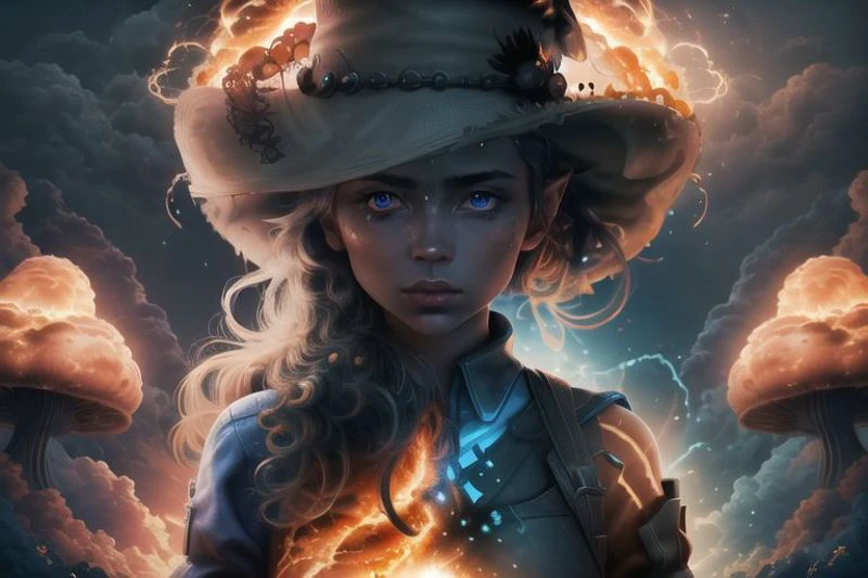 cinematic style,nuclear explosion,1woman, Karlach,colored skin, demon girl, slit pupils,blue eyes, (blue glowing:1.35), silhouette,flame,solo,hat, quality skin texture, detailed clothes, aesthetic composition, BREAK
mushroom cloud,surrounded by cloud,orange theme,outdoors,
photorealistic,masterpiece,best quality,ultra highres,beautiful and detailed skin,realistic,<lora:Oppenheimer:1>,