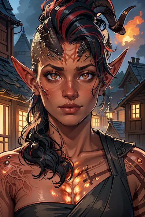 (masterpiece, best quality), outdoors, dark misty burning village, close up portrait, 1girl, solo, Karlach, demon girl, colored skin, red skin, scars, slit pupils, <lora:Karlach_V1-Manityro-Dadapt:1.0>, crop top