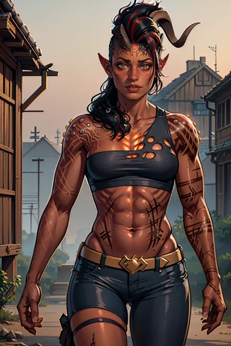 (masterpiece, best quality), outdoors, dark misty burning village, cowboy shot, 1girl, solo, Karlach, demon girl, colored skin, red skin, scars, slit pupils, <lora:Karlach_V1-Manityro-Dadapt:1.0>, crop top, pants, torn pants, thigh strap