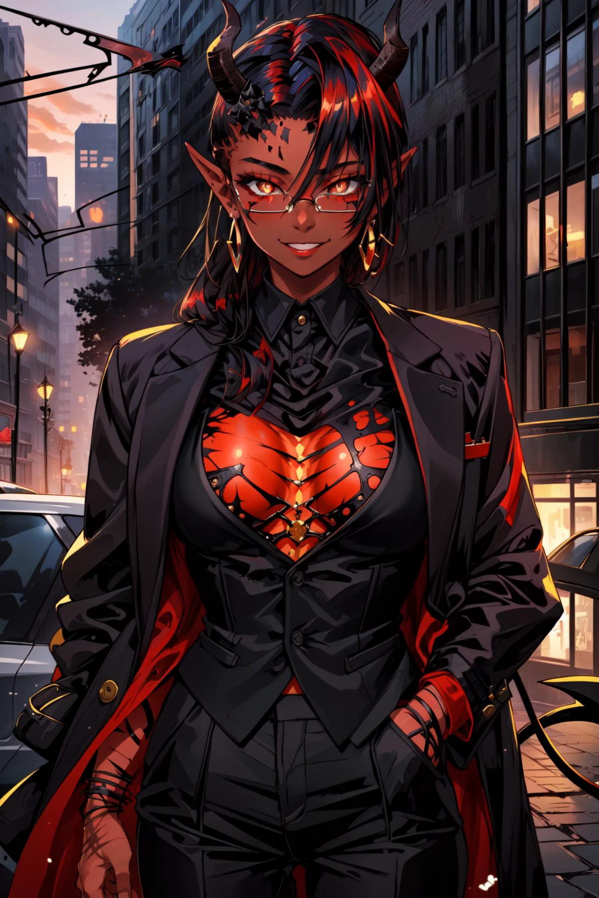 masterpiece,best quality,1girl,mature female,Karlach,demon girl,colored skin,red skin,slit pupils,scars,(muscular),(black business suit),Coat,glasses,Formal,smile,cityscape,<lora:CHAR-Baldur's Gate 3-Karlach_V1-LoCon-Manityro:0.8>,<lora:womansuit-1:0.8>,