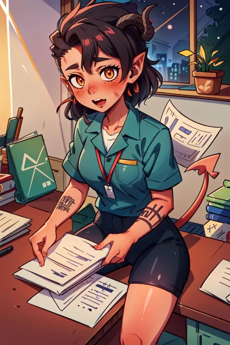(2d style:1.2), (artwork:1.2), lineart,, by (Satoshi Kon:1.2) (masterpiece, best quality), (nsfw), <lora:add_detail:0.55>, (blushing) ,
<lora:Karlach_V2-Manityro-AdamW:0.75> karlach, colored skin, demon girl, slit pupils, tatto, scars, demon tail, orange eyes, (orangle eys glowing:1.3),
(office, office clothes, papers, documents, deep night.:1.4)