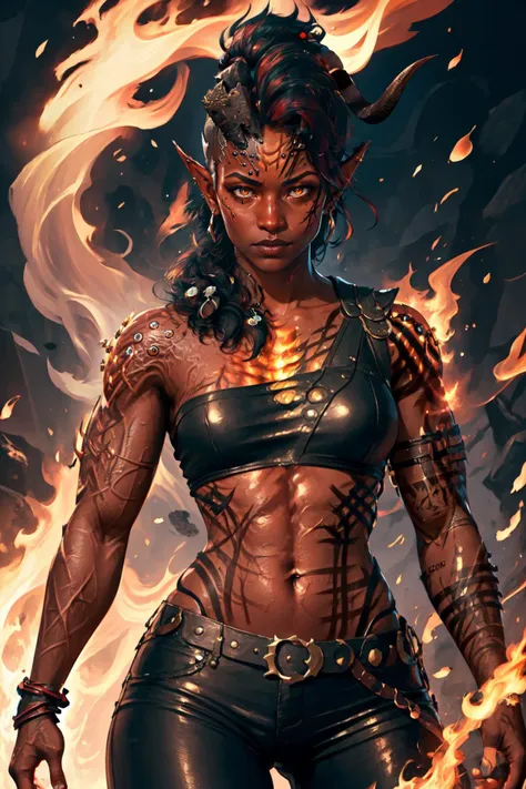 Highly detailed, High Quality, Masterpiece, beautiful, Karlach, demon girl, colored skin, slit pupils, scars, muscular, Red skin, dark skin, crop top, black pants, earrings, piercings <lora:Char_BG3_Karlach:0.9>, fighting stance, pyrokinesis, Surrounded by flames, <lora:VFX_Fire:0.6>