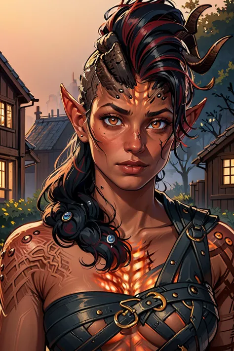 (masterpiece, best quality), outdoors, dark misty burning village, close up portrait, 1girl, solo, Karlach, demon girl, colored skin, red skin, scars, slit pupils, <lora:Karlach_V1-Manityro-Dadapt:1.0>, crop top