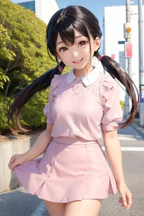 1girl, minamoto_shizuka, bangs, short twintails,,pink skirt, smile <lora:minamoto_shizuka:0.6>