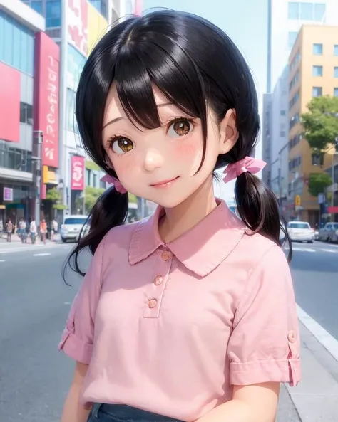 1girl, minamoto_shizuka, bangs, short twintails,pink shirt,, smile, city <lora:minamoto_shizuka:0.6>